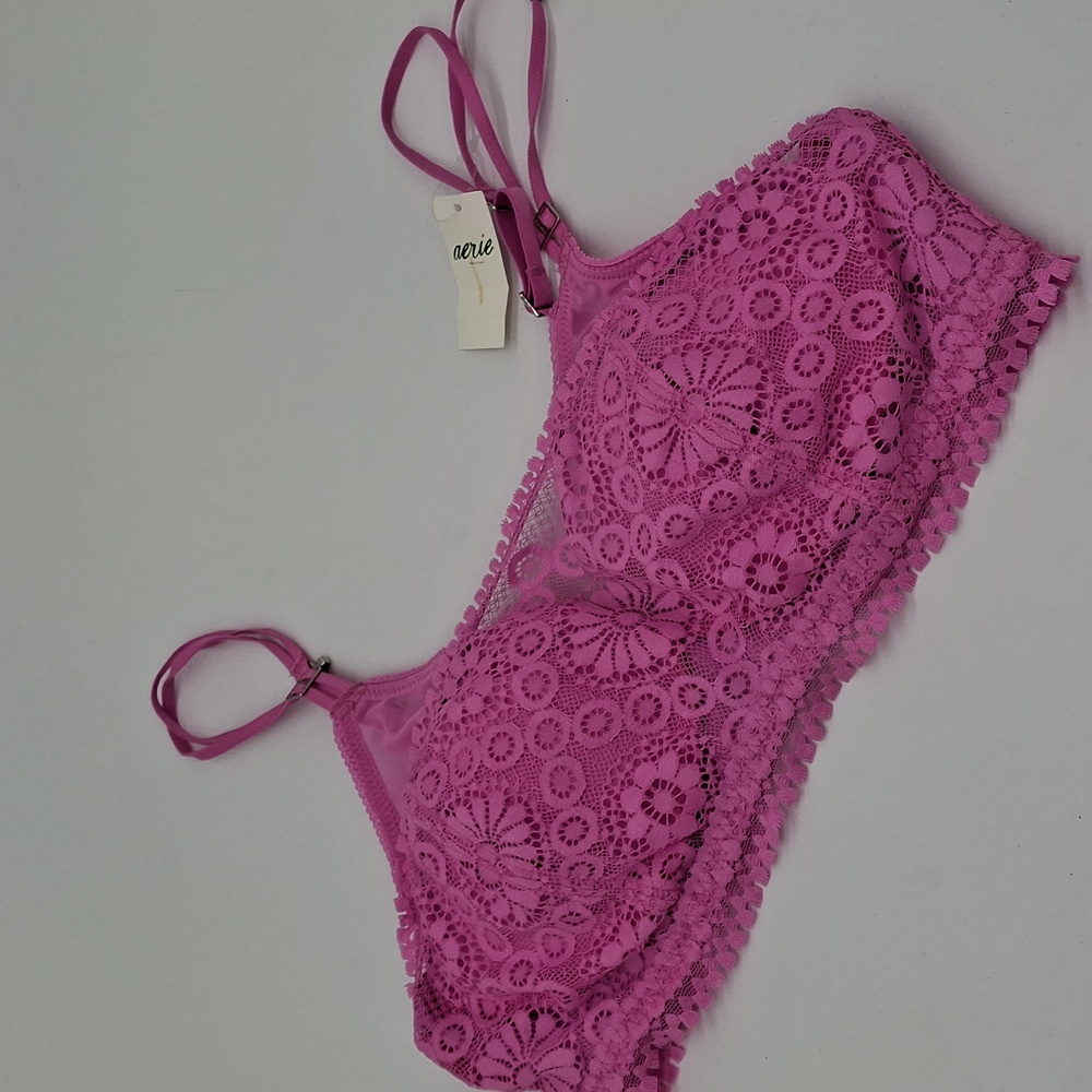 Aerie Real Power Wireless Push Up Joy Lace Bra Pink Tropics 34C